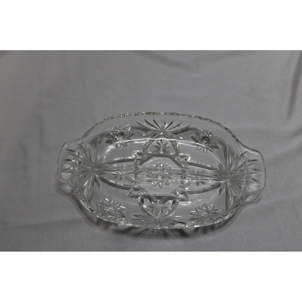 Vintage Clear Pressed Glass Divided Relish Dish Starburst Pattern Oval 9.5 Inch